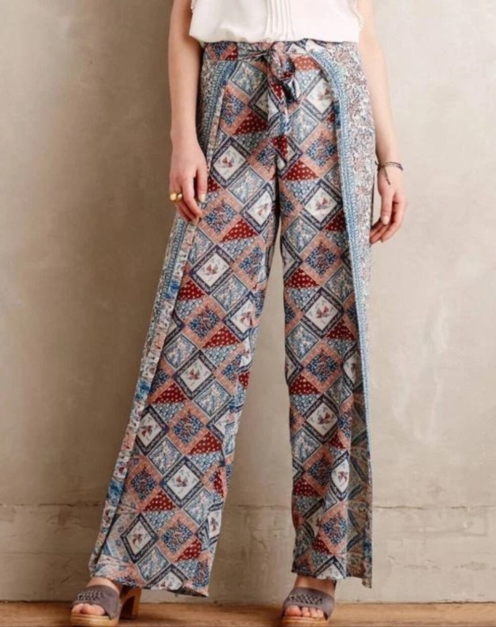 Anthropologie Elevenses Seaflower Wide Leg Pants Blue Motif Belted Size 2 Boho